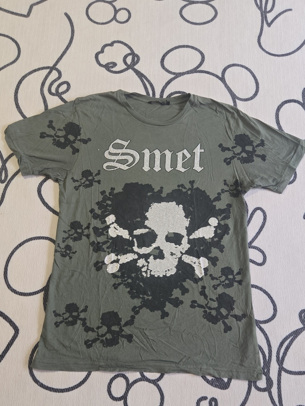 SMET by Christian Audigier Olive Green Skull Swarovsky Graphic Tee